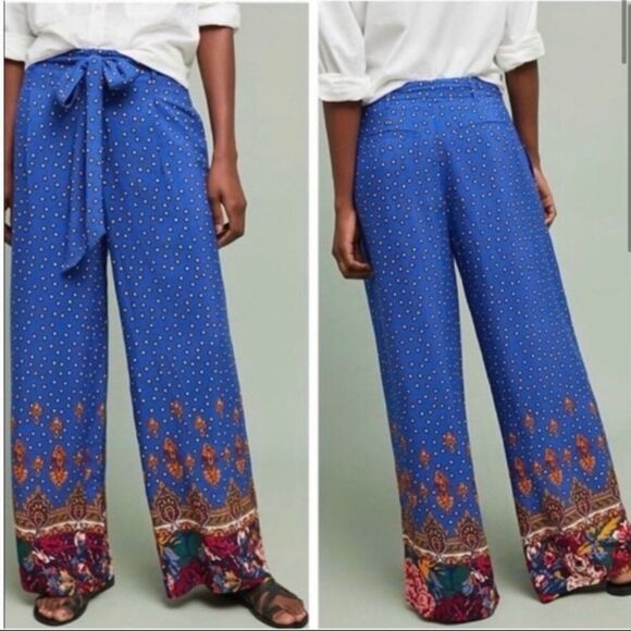 NWT Ett:Twa Anthropologie Indigo Blue Boho Floral Wide Leg Pants - Picture 1 of 15